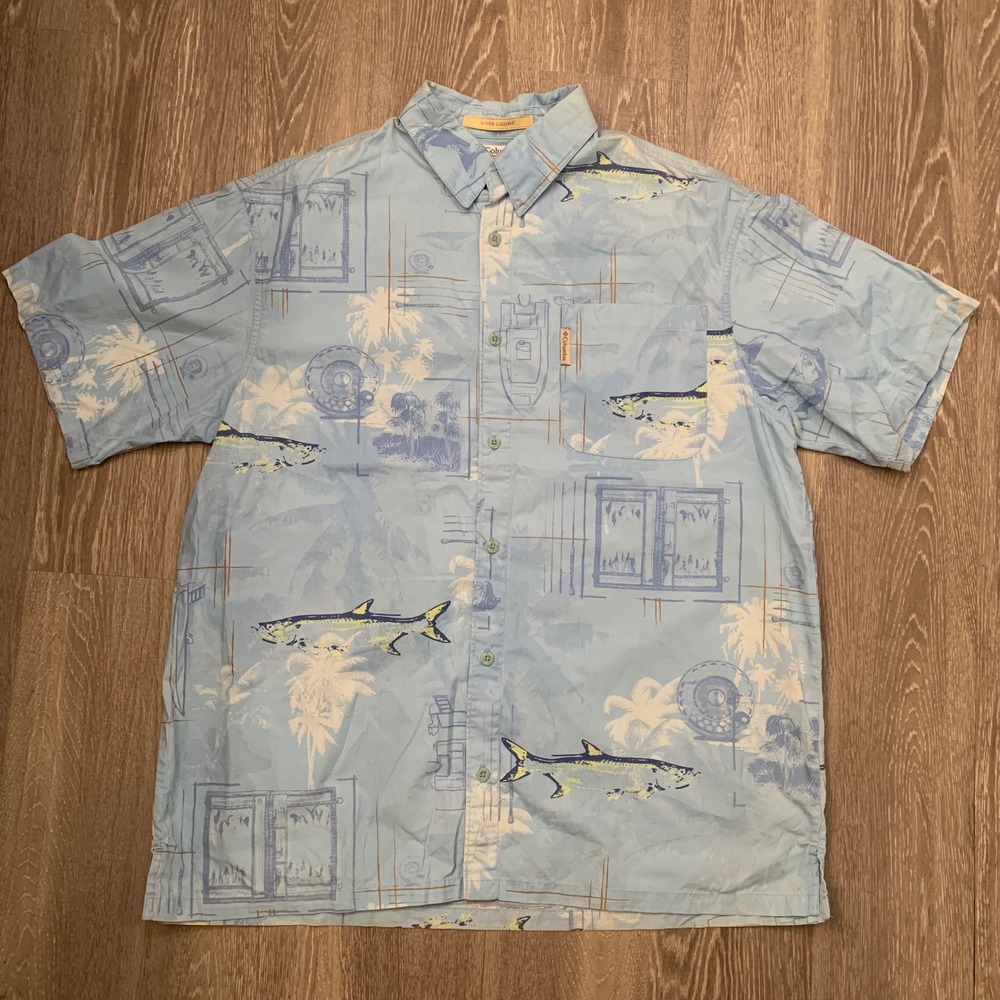 Columbia River Lodge Blue Tarpon Fishing Tropical Shirt Men's Size Large